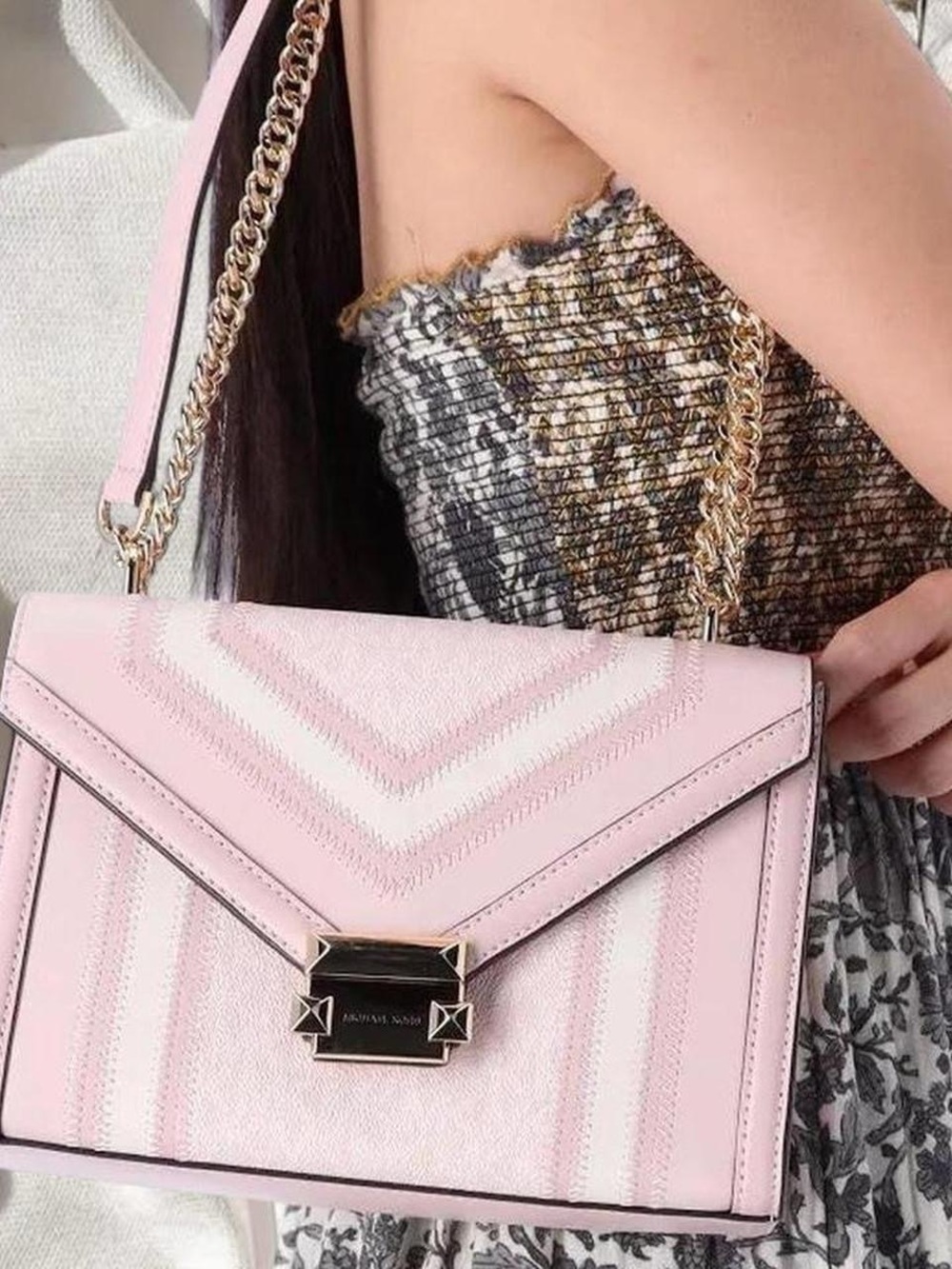 Michael Kors Whitney Medium Flap Shoulder Bag Powder Blush Pink Chevron